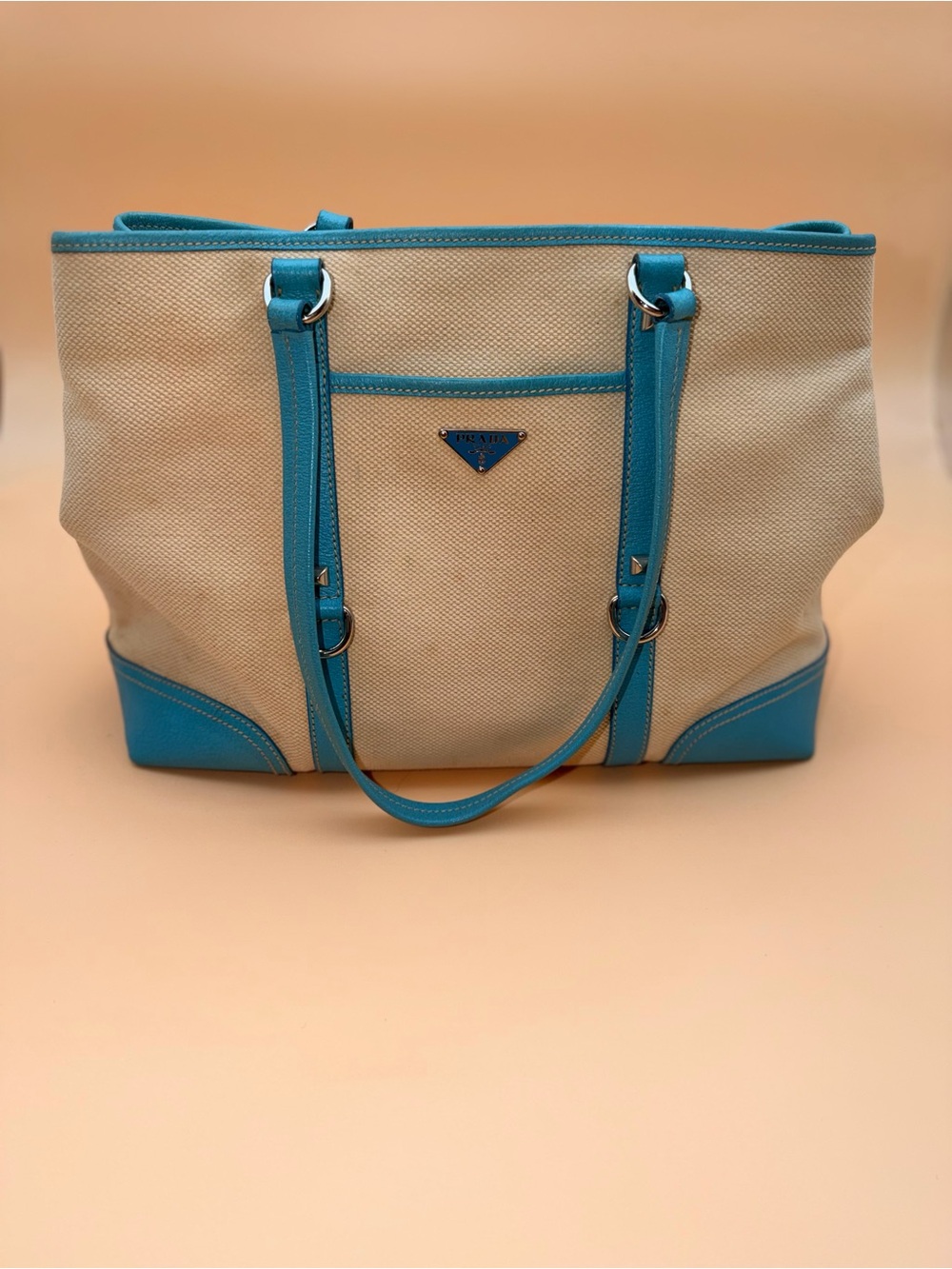 Prada Vintage Beige Canvas & Cerulean Blue Leather Enamel Triangle Tote Bag